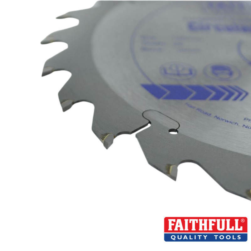 Load image into Gallery viewer, A close-up image showcases the Faithfull TCT Cordless Trimsaw/Circular Saw Blade, featuring sharp teeth perfect for cutting timber. The bottom right corner reveals a partial view of the Faithfull logo. The blade includes expansion slots and displays various engraved symbols and text.