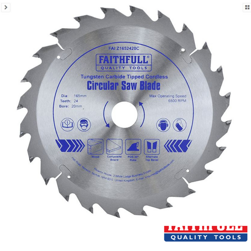 Load image into Gallery viewer, Faithfull introduces its TCT Cordless Trimsaw/Circular Saw Blade, featuring tungsten carbide tips and expansion slots designed for timber cutting. This blade boasts a 165mm diameter, 20mm bore, and 24 teeth, with a maximum speed of 6500 RPM, making it perfect for use on wood, plywood, chipboard, MDF, and laminate.