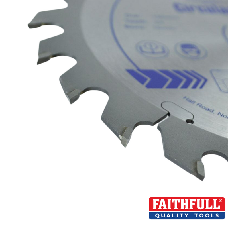 Load image into Gallery viewer, The image focuses on a 180mm Faithfull TCT Circular Saw Blade, showcasing its toothed edges and engraved markings alongside laser cut expansion slots. The Faithfull Quality Tools logo is visible at the bottom right, highlighted by a red background with white text, guaranteeing professional quality and precision in every cut.