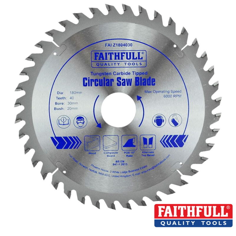 Load image into Gallery viewer, Presenting the Faithfull TCT Circular Saw Blade with a 180mm diameter, 40 teeth, and a bore of 30mm. This blade showcases the renowned Faithfull branding and technical features, offering professional quality performance with laser-cut expansion slots. Designed to operate at a maximum speed of 6000 RPM.