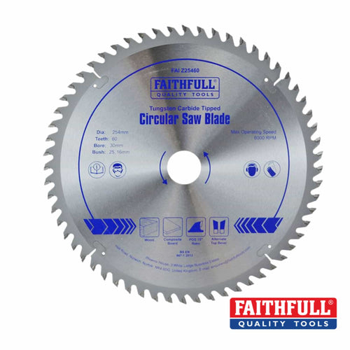 A Faithfull TCT Circular Saw Blade, featuring sharp tungsten carbide-tipped teeth and distinctive blue labeling with clear specificationsβ254mm diameter, 60 teeth, and a 30mm boreβmaking it ideal for precise timber cutting. The Faithfull logo is displayed in the bottom right corner.