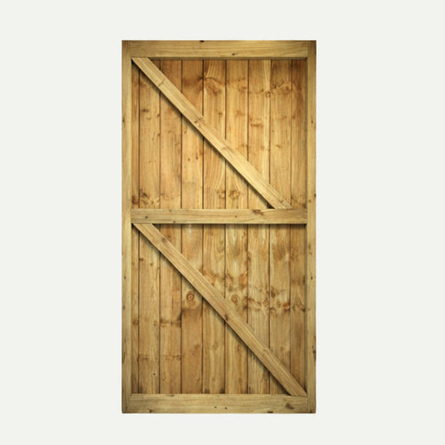 The Bingley Fencing Featheredge Gates—available with flat or arched tops—feature vertical planks with sturdy supports and a rustic, barn-style look. The natural timber finish highlights attractive wood grain for an authentic garden entrance.