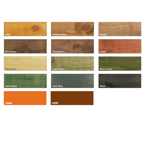 The Protek Shed & Fence Stain, available in various colors in a 5-liter size, features a grid display of wooden color swatches showcasing waterproof options such as Gold, Golden Brown, Russet, Nut Brown, Rosewood, and Cedar. The collection also includes stunning green shades along with rich hues like Dark Blue and Black. For eco-friendly projects, enjoy low VOC wood stain choices in Ochre and Larch from the esteemed brand Protek.