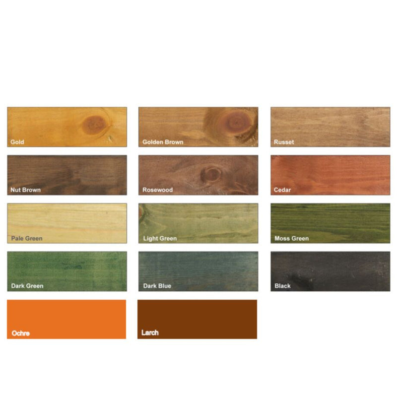 Load image into Gallery viewer, The Protek Shed & Fence Stain, available in various colors in a 5-liter size, features a grid display of wooden color swatches showcasing waterproof options such as Gold, Golden Brown, Russet, Nut Brown, Rosewood, and Cedar. The collection also includes stunning green shades along with rich hues like Dark Blue and Black. For eco-friendly projects, enjoy low VOC wood stain choices in Ochre and Larch from the esteemed brand Protek.
