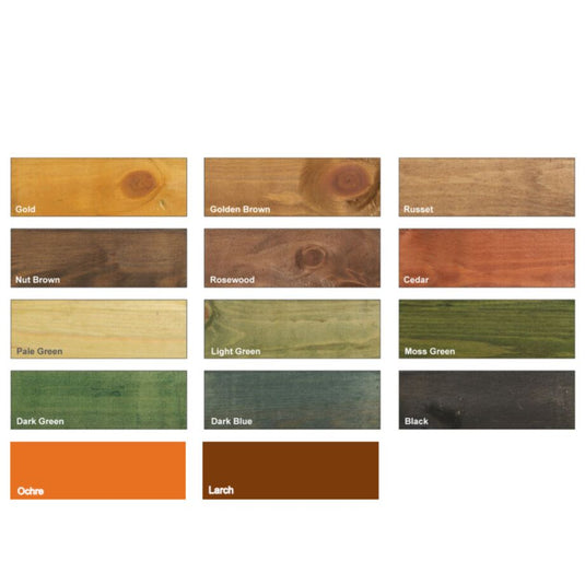The Protek Shed & Fence Stain, available in various colors in a 5-liter size, features a grid display of wooden color swatches showcasing waterproof options such as Gold, Golden Brown, Russet, Nut Brown, Rosewood, and Cedar. The collection also includes stunning green shades along with rich hues like Dark Blue and Black. For eco-friendly projects, enjoy low VOC wood stain choices in Ochre and Larch from the esteemed brand Protek.