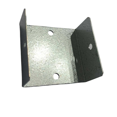 The Fence Panel Clips “U” Type Zinc Plated 50mm by Bingley Fencing feature a robust metal angle bracket with a zinc-plated finish and three round holes for secure attachment. Expertly designed to form a right angle, these clips are ideal for fence panel installations and are showcased against a plain white background.