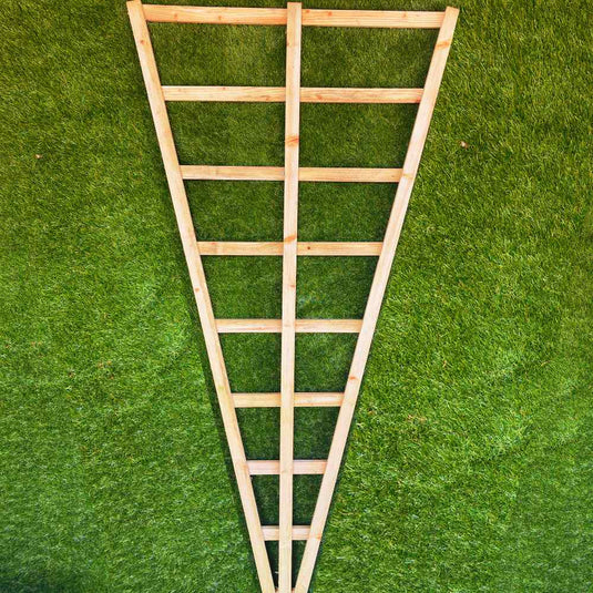 The Bingley Fencing Fan Trellis, crafted from pressure-treated wood, features horizontal bars spaced evenly within a fan shape. Set against a lush green grass backdrop, its design widens at the top and narrows towards the bottom, making it perfect for supporting climbing plants.