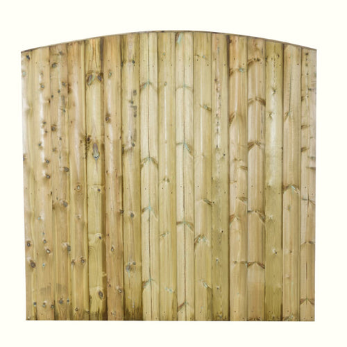 The Bingley Fencing Featheredge Fence Panel - Arched Top features vertical planks of natural, light-colored wood with visible knots and grains.
