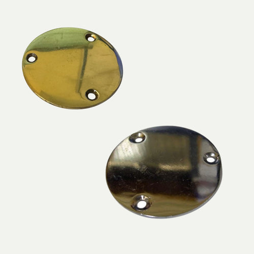 Two Bingley Fencing Decking Rope Fixing Plates – Brass or Chrome – each with four screw holes, are displayed on a plain white background.