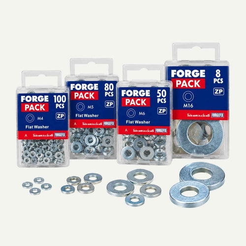 Four clear plastic storage containers of Forgefix Zinc Plated Washers - Small DIY Pack - Various Sizes/Thicknesses, with corresponding loose metric flat washers arranged in front of each pack.