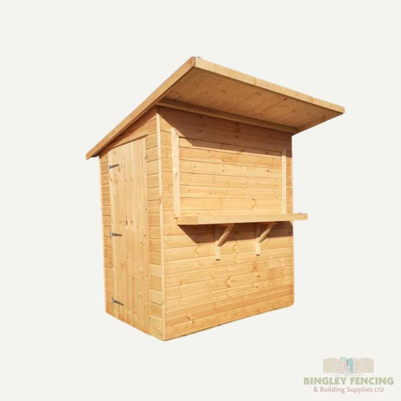 Load image into Gallery viewer, Garden Bar by Bingley Fencing features a slanted roof, ideal for use as an outdoor bar. It includes a side door and a front hatch supported by two brackets, constructed from neatly aligned wooden planks. The logo at the bottom right says "Bingley Fencing & Building Supplies Ltd." against a white backdrop.