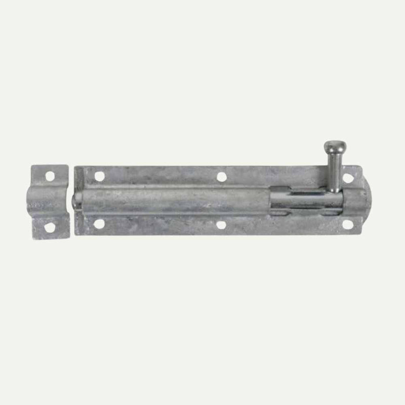 Load image into Gallery viewer, The Henry Shaw Tower Bolt 150mm 6" - available in Black or Galvanised finishes - features a cylindrical rod with a round handle that's perfect for securing your gate ironmongery. Designed with multiple screw holes for easy mounting, its weathered, industrial appearance adds charm to any flat surface and makes it an ideal choice among fence fixings.