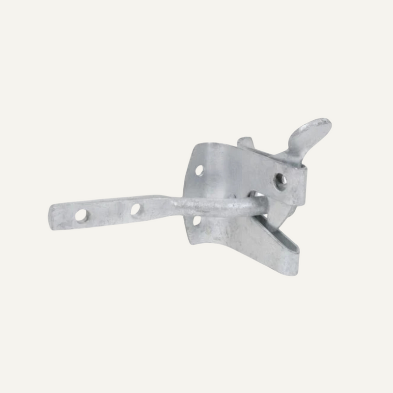 Load image into Gallery viewer, This ironmongery piece, known as the Auto Gate Catch by Henry Shaw, features a durable metal latch with a flat base and an adjustable arm equipped with three holes for attachment. It is perfect for securing doors or gates, boasting a simple unpainted metal finish that complements any gate or fence fixings.