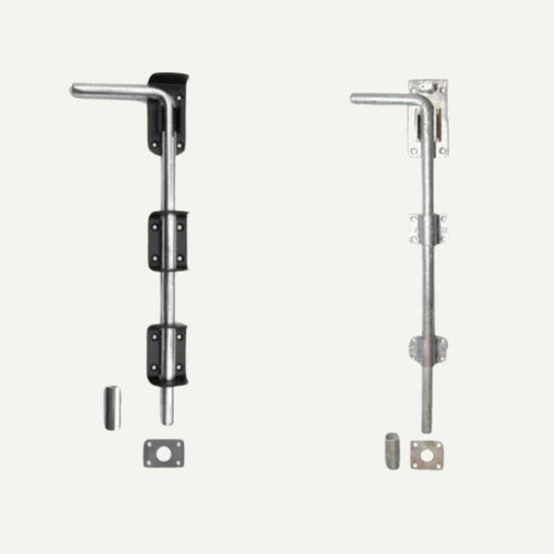 Two Henry Shaw 12" Drop Bolts/Garage Door Bolts (Black or Galvanised) are shown vertically side by side on a white background, each with mounting plates and matching latch catches displayed beneath.
