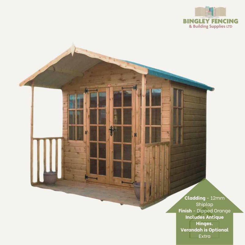 Load image into Gallery viewer, The Georgian Summerhouse by Bingley Fencing is a wooden garden shed featuring a front veranda, double glass doors, and antique hinges. It boasts 12mm shiplap cladding and a dipped orange finish. A logo positioned in the top right corner provides detailed specifications, ideal for enhancing elevated garden living.