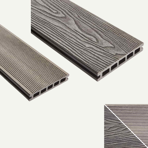 Two Bingley Fencing deX Classic Composite Decking Boards (3.6m, available in 4 colours) are shown, each featuring a wood grain pattern on one side and narrow grooves on the other to showcase the versatility of their reversible design. An inset in the corner provides a close-up view of the board surfaces and highlights their hollow structure.