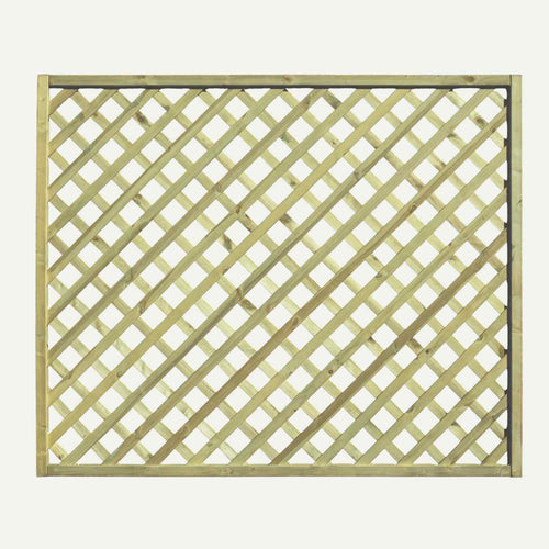 The KDM Trellis - Heavy Diamond Lattice Rectangle 150cm x 180cm (HDL12) features diagonal crisscrossed slats in a simple frame, ideal for use as a garden fence panel or pressure treated trellis on any plain background.