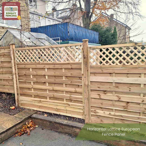 A KDM Horizontal Lattice Top Fence Panel (HLT), made from pressure-treated timber with a decorative lattice top, stands beside a sidewalk and tree. The panel name appears in the bottom right corner.
