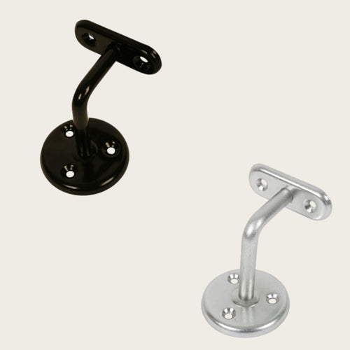 Black and silver metal handrail brackets on a white background