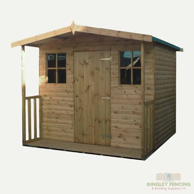 Load image into Gallery viewer, The Hobby House Shed by Bingley Fencing includes a front door, two square Georgian windows, and a small porch. It features horizontal wooden panels and a pitched roof, with the Bingley Fencing logo at the bottom right.
