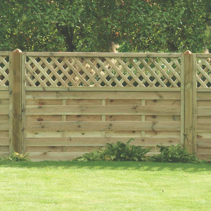 Load image into Gallery viewer, The KDM Horizontal Lattice Fence Panel (HLT) features a wooden design with a lattice top and pressure-treated panels for durability, bordered by green grass, leafy plants, and trees in the background.