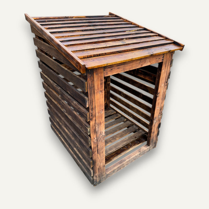 Load image into Gallery viewer, The Unique Log Store by Bingley Fencing is a dark-stained, slatted wood design with a sloping roof and open front, ensuring ventilation and easy access. Available in all sizes.