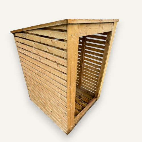 The Bingley Fencing Reduced Single Log Store with Felt Roof features slatted sides, a solid sloped roof with felt, an open front, and pressure treatment for durability, shown against a plain white background.