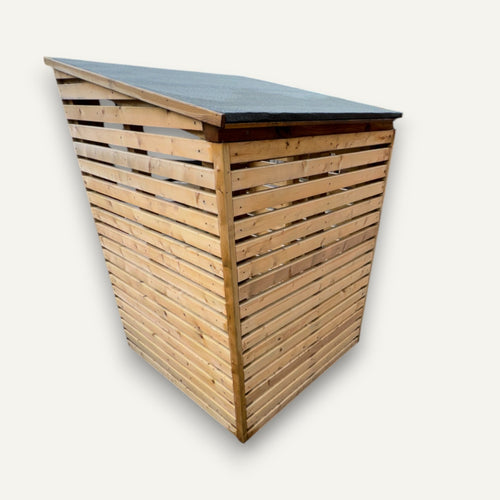 The Reduced Single Log Store with Felt Roof by Bingley Fencing features horizontal wooden slats, a solid structure, and a sloped, black felt weatherproof roof—ideal for logs or general outdoor storage. Shown on a white background.
