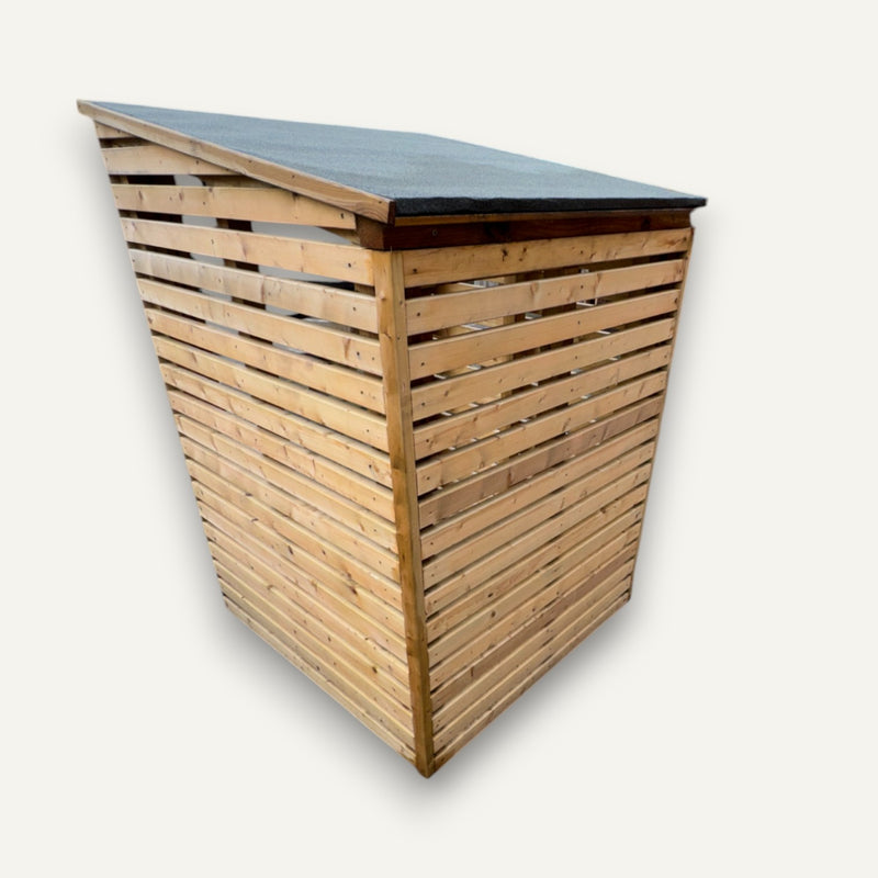 Load image into Gallery viewer, The Reduced Single Log Store with Felt Roof by Bingley Fencing features horizontal wooden slats, a solid structure, and a sloped, black felt weatherproof roof—ideal for logs or general outdoor storage. Shown on a white background.