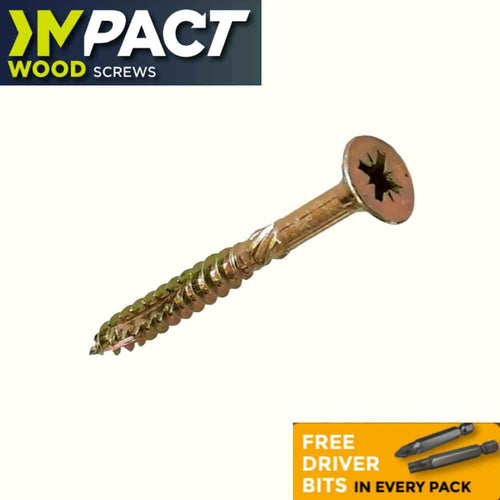 A yellow zinc plated wood screw with a ribbed double countersunk head and a milling shank. The image also shows a free driver bit included in every pack.