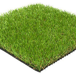 A square piece of Artificial Grass Supply & Fit from Bingley Fencing, featuring lush and vibrant green blades, rests on a black base against a plain white background. Ideal for those looking for a quick transformation, it also offers the convenience of next day delivery.