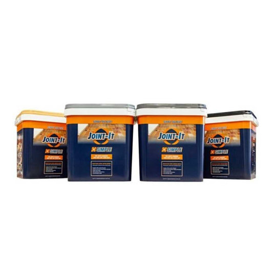 Four 20kg tubs of Joint It - Paving Grout in various colors are showcased, ideal for paving that requires no maintenance. The display includes two larger tubs placed in the center and two smaller ones on each side. The packaging prominently features a blue design accented with bold orange details.