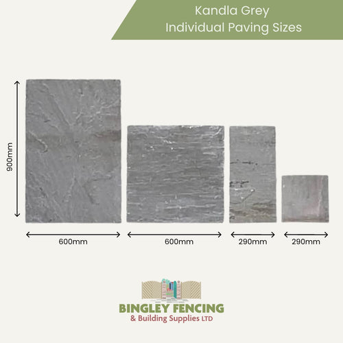 Four rectangular slabs from the Indian Sandstone Paving Project Pack by Bingley Fencing are shown side by side with sizes labelled: 600x900mm, 600x600mm, 290x600mm, and 290x290mm. Logo appears at the bottom.