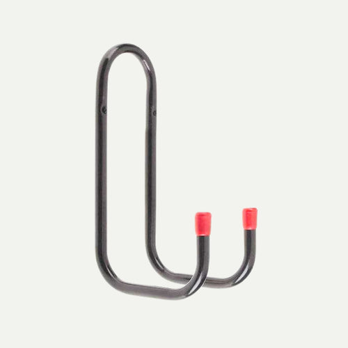 The Rothley 12cm Tubular Double Hook by Rothley is a black wall mount with two prongs capped in red rubber, ideal for garage storage or hanging bikes, tools, and garden equipment.