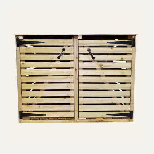 The Log Stores by Bingley Fencing is a wooden storage unit with two hinged doors, horizontal slats, and black metal handles and hinges. Made from tanalised timbers with a natural finish, it offers a rustic charm ideal for fans of Bingley Fencing.