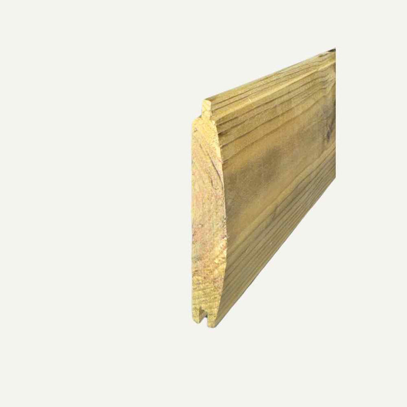 Load image into Gallery viewer, The Loglap Cladding Boards by Bingley Fencing, featuring a beveled edge, evoke a log cabin aesthetic against a plain light background. The visible wood grain enhances the texture and highlights its natural, light brown hue.
