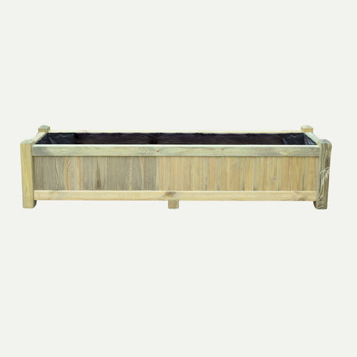 The KDM Long Rectangular Planter - LRP features a tanalised wooden build with a rustic finish. Shown empty from the front against a white background. Simple, sturdy design; custom sizes available for all your garden planter needs.