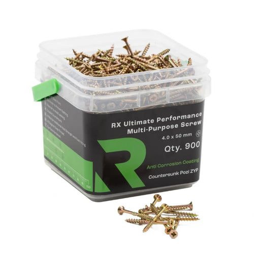 A plastic container labeled RIKÄ RX Multi-Purpose Screws 4.0 x 50mm - 900 Tub from the brand RIKA holds gold multi-purpose screws. Several screws are scattered in front, and the label specifies their size as 4.0 x 50 mm with a quantity of 900. The screws feature an anti-corrosion coating, making them ideal for construction and timber projects.