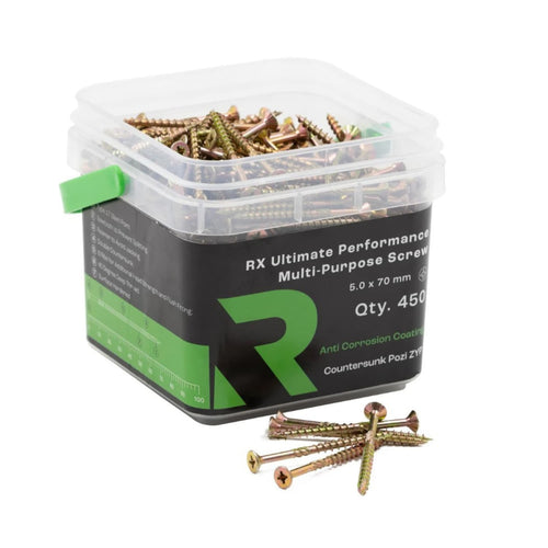 A clear plastic box with green and black labeling holds several gold-colored RIKA RX Multi-Purpose Screws (5.0 x 70mm), with a few screws displayed in front of the 450-pack box. The label reads “RX Ultimate Performance Multi-Purpose Screws.”.