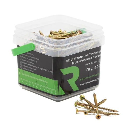A clear plastic container filled with RIKÄ RX Multi-Purpose Screws 5.0 x 80mm from RIKA, with a few gold-colored screws placed in front. The label features product information, and a green handle is affixed to the side, making these versatile construction screws suitable for a variety of projects.