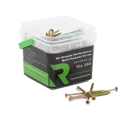 A clear plastic box labeled RIKÄ RX Multi-Purpose Screws 5.0 x 100mm – 250 Pack from the brand RIKA contains multi-purpose screws, with several screws lying outside the box. With a size of 5.0 x 100 mm and a quantity of 250, these screws are ideal for use as timber screws or construction screws in various building projects.