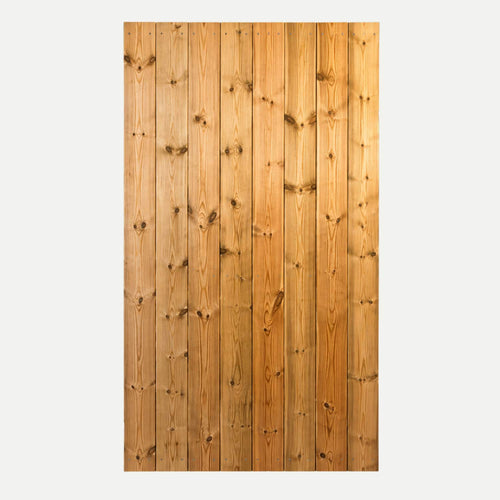 The Bingley Fencing Interlocking Wooden Garden Gate – Solid Privacy Timber Gate features light brown vertical timber panels with natural knots and grains, made from evenly aligned planks for enhanced durability and style.