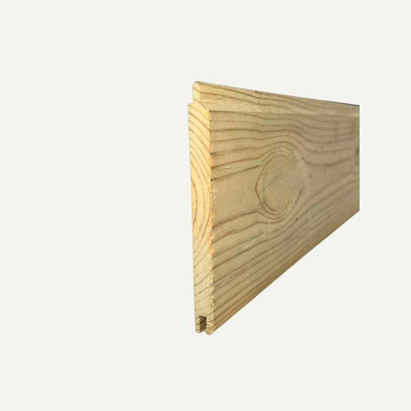 Load image into Gallery viewer, A close-up of Bingley Fencing's Matchboard Cladding Boards showcases tongue-and-groove timber with visible grain patterns on a plain background. The boards feature a precise edge, ideal for interlocking with other planks.