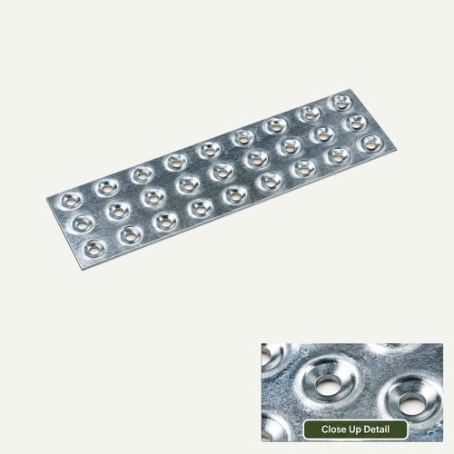 A rectangular zinc-plated Bright zinc plated mending plate with rows of pre-drilled countersunk screw holes, shown with an inset close-up detail of the holes.