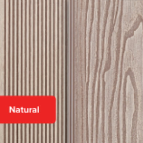 Split image of two deX Composite Decking Step Boards by deX: left side displays a grooved surface finish with narrow vertical grooves, while the right side shows a natural wood grain pattern. A red label at the bottom left reads Natural.