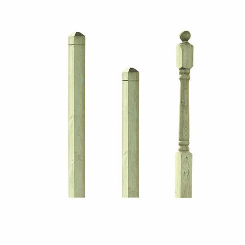 Three wooden fence or stair posts are shown upright against a white background. Two posts have simple square tops, while the third has decorative carvings and a round finial on top.