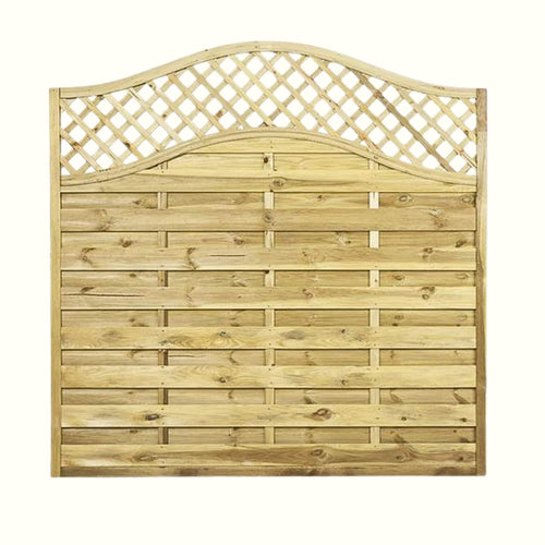 The KDM Omega Lattice Top Fence Panels feature a wave-like pattern over a solid wood base, blending seamlessly with lush gardens. These European panels are expertly pressure treated for lasting durability.