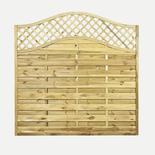 The KDM Omega Lattice Top Fence Panels feature a wave-like pattern over a solid wood base, blending seamlessly with lush gardens. These European panels are expertly pressure treated for lasting durability.