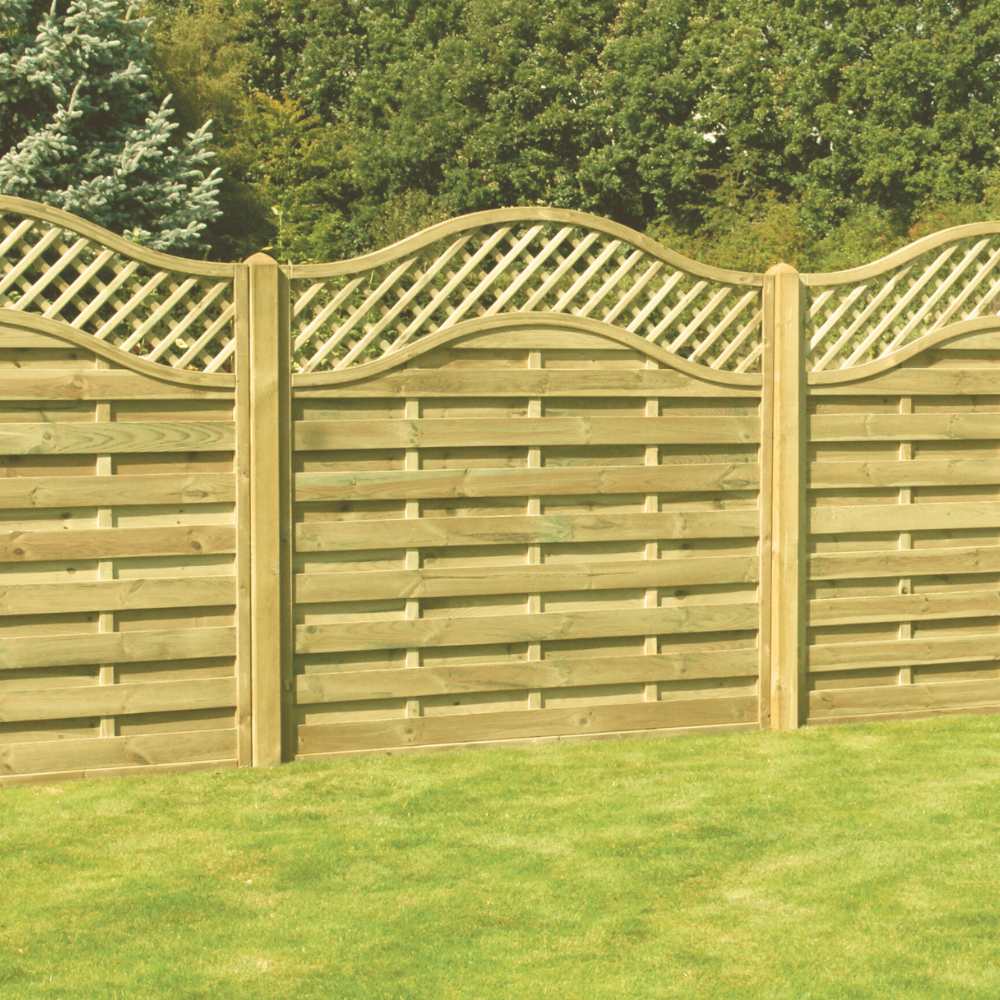 The KDM Omega Lattice Top Fence Panels feature a wave-like pattern over a solid wood base, blending seamlessly with lush gardens. These European panels are expertly pressure treated for lasting durability.