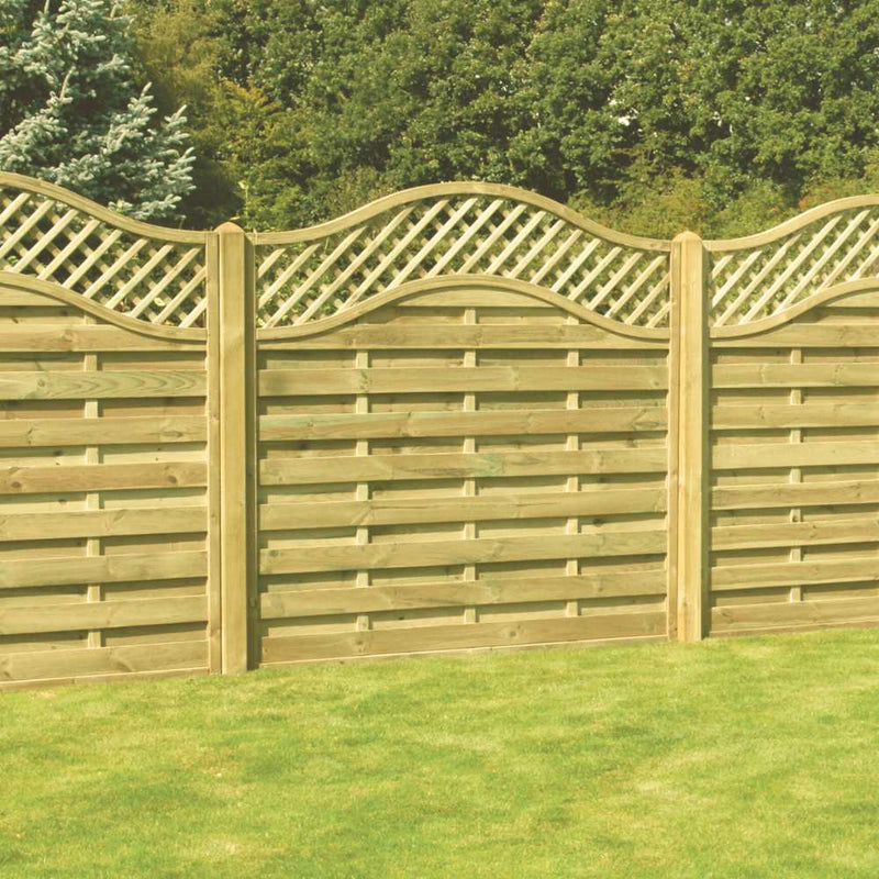 Load image into Gallery viewer, The KDM Omega Lattice Top Fence Panels feature a wave-like pattern over a solid wood base, blending seamlessly with lush gardens. These European panels are expertly pressure treated for lasting durability.